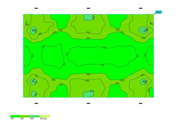 Lichtplanungen für Spielklasse II mit Flutlicht, Beispiel Fußball